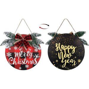 Christmas Buffalo Plaid Wreath Decoration - 1pc Double Sided Wooden